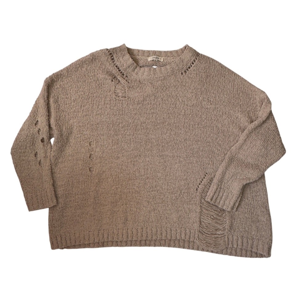 Umgee Sweater Distressed Knit 1XL Tan Womens Oversized Boho Pullover